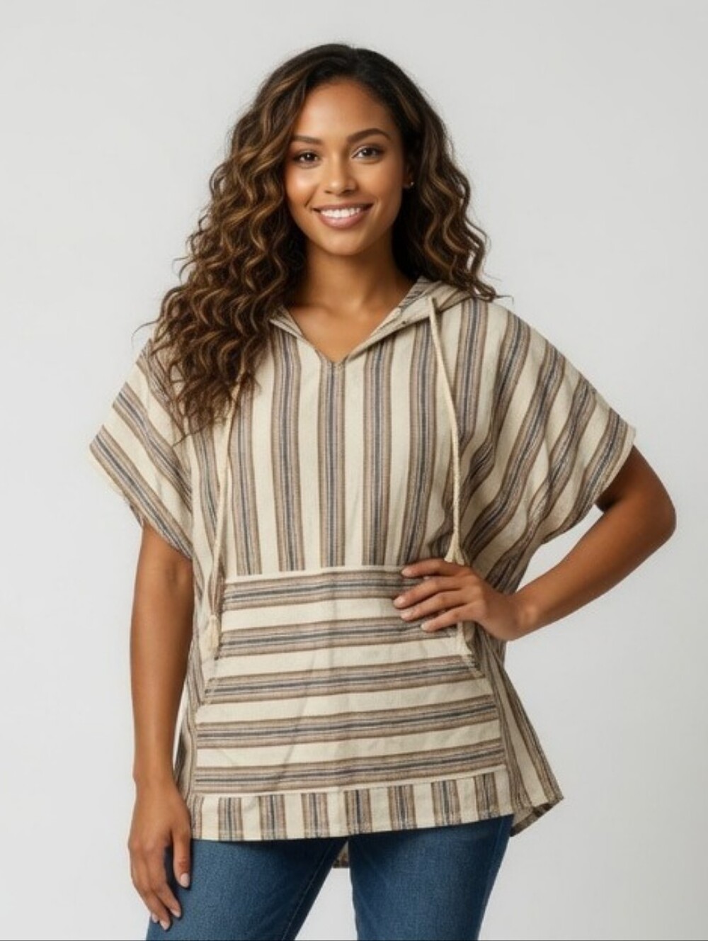 NWT "wild fable" Beige and Brown Striped Hooded Poncho Top